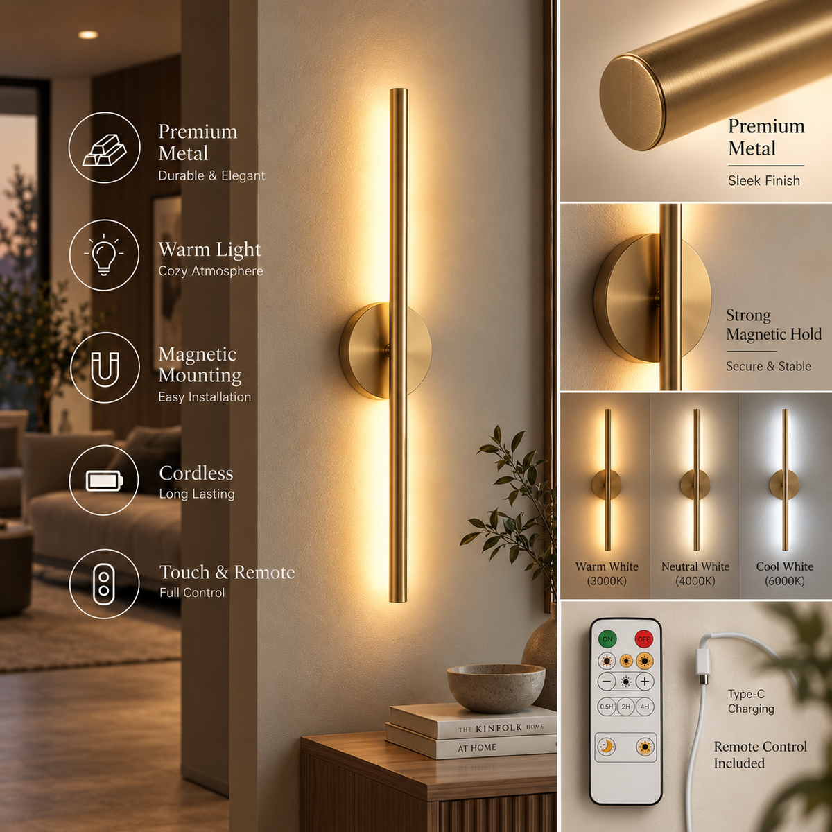 Line wall light features: metal body, warm light, magnetic mounting and remote