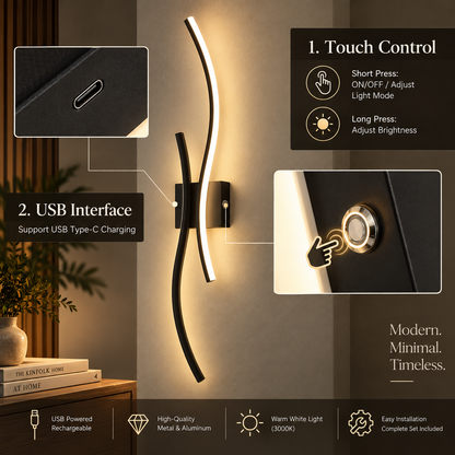 Touch control and USB-C charging port on the Wave wall light