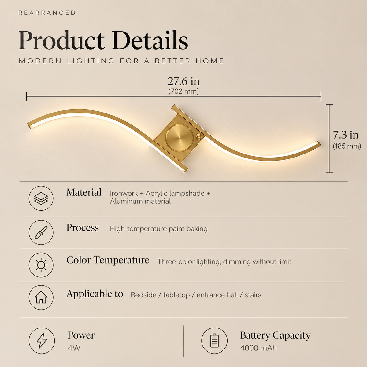 Sway wall light dimensions: 27.6 by 7.3 inches