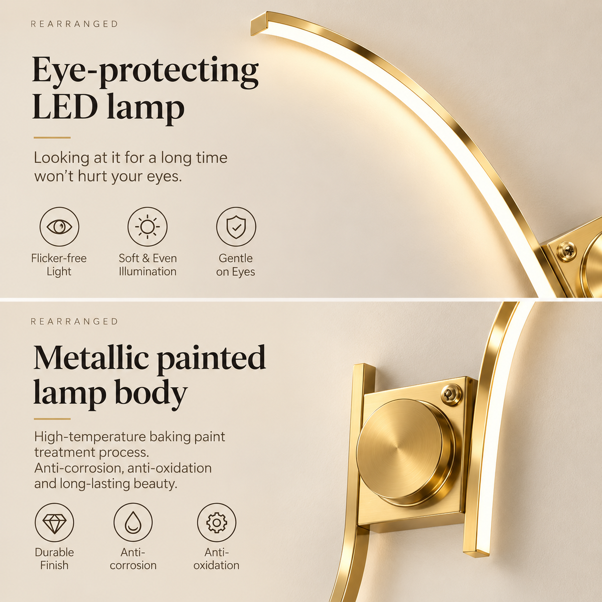 Close-up of the metallic painted body of the gold Sway wall light