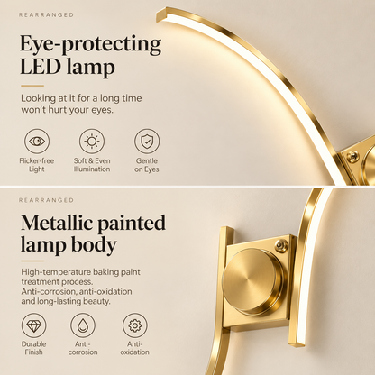 Close-up of the metallic painted body of the gold Sway wall light