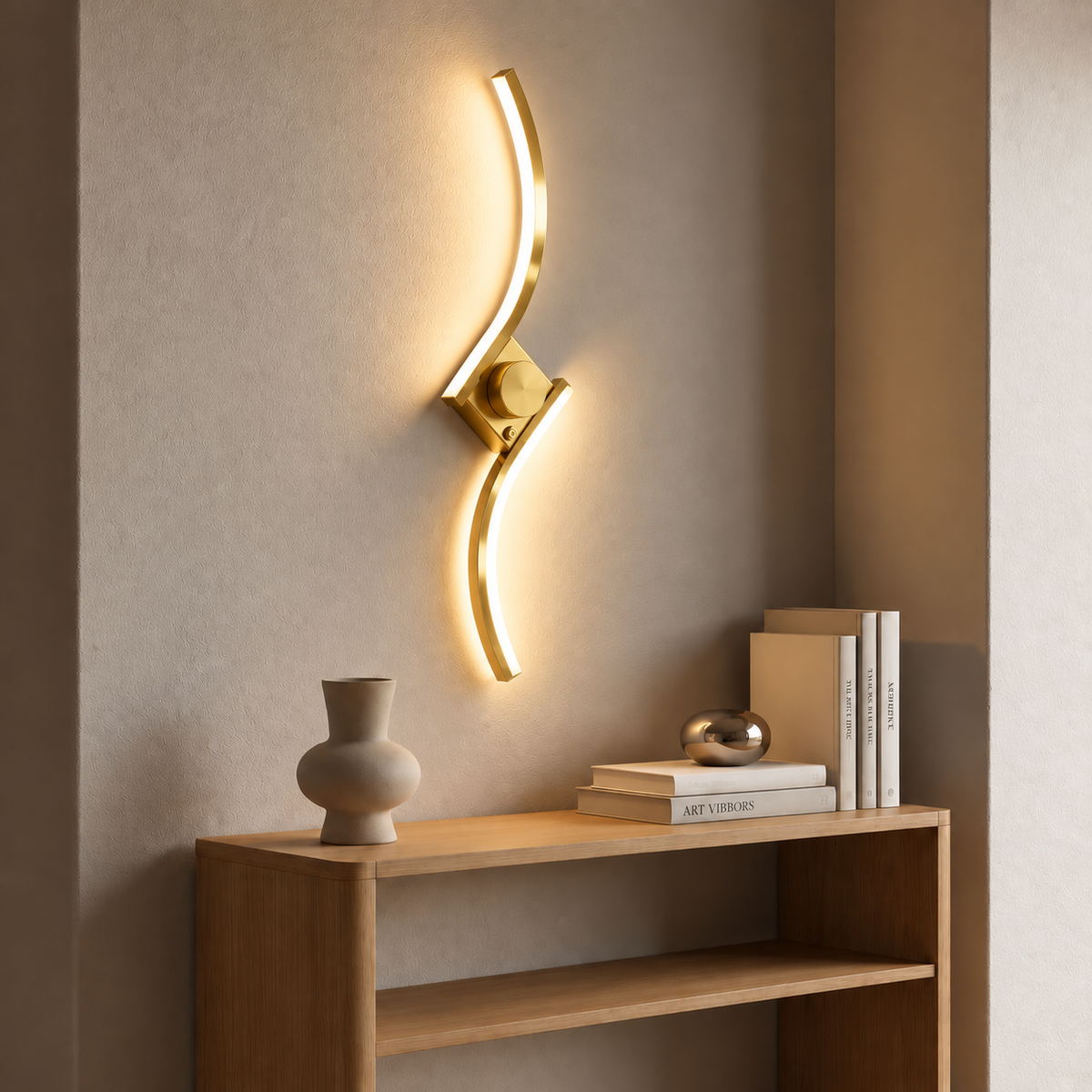 Gold S-curve cordless wall light glowing above a wooden console table
