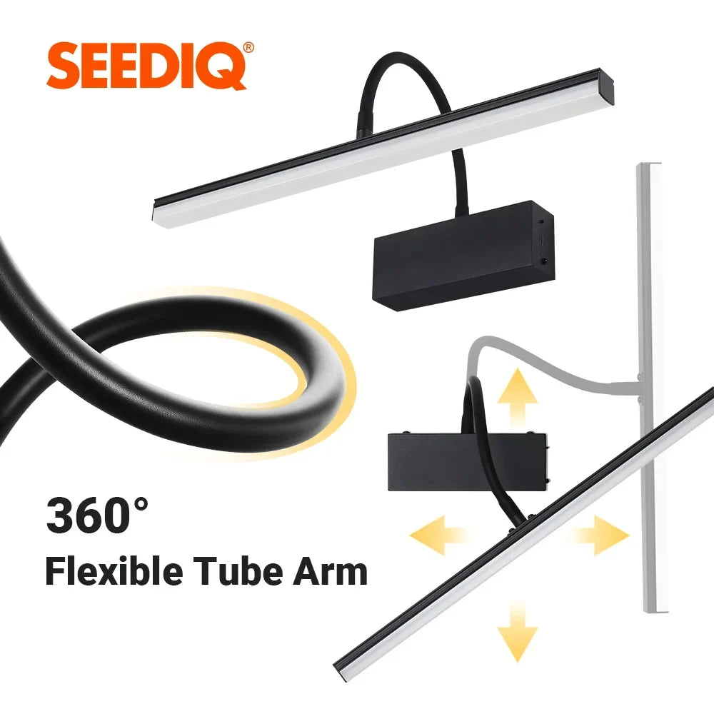 Flexible arm of the picture light bending and rotating in every direction