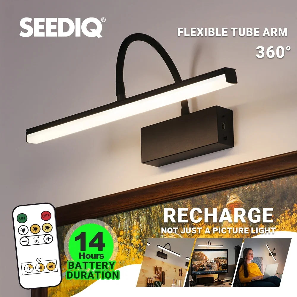 Cordless picture light with flexible arm, rechargeable battery and remote control