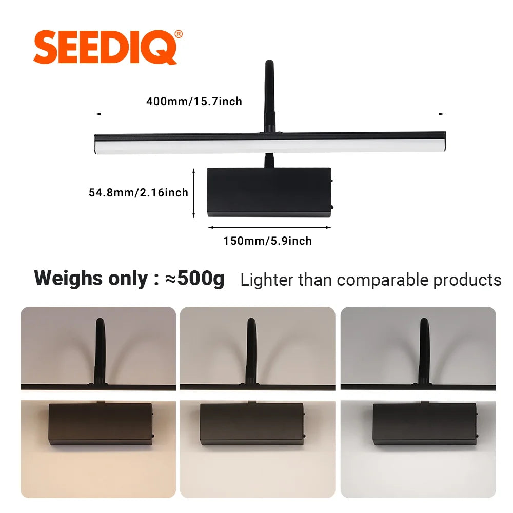 Picture light dimensions: 15.7 inch bar, 5.9 inch base, around 500 g