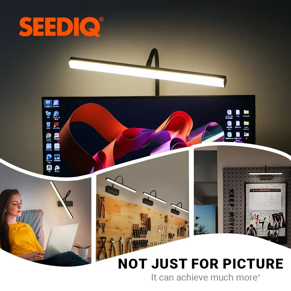 Cordless picture light used over a monitor, a workbench and a pinboard