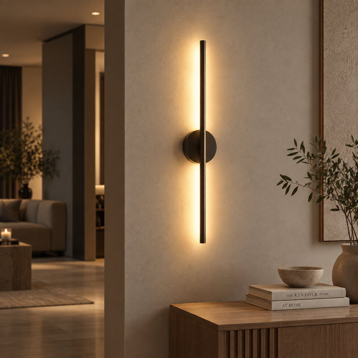 Black linear cordless wall light glowing warm beside a console table