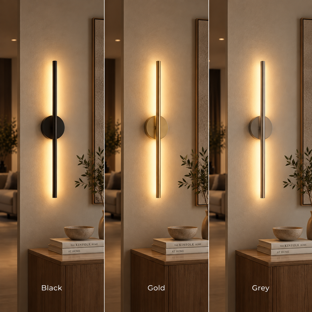 Linear wall light shown in black, gold and grey finishes
