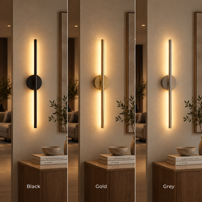 Linear wall light shown in black, gold and grey finishes