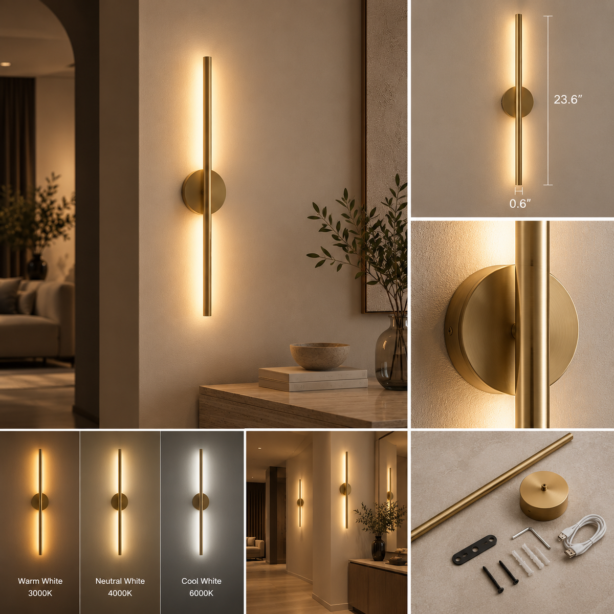 Line wall light sizes, color temperatures and gold finish detail