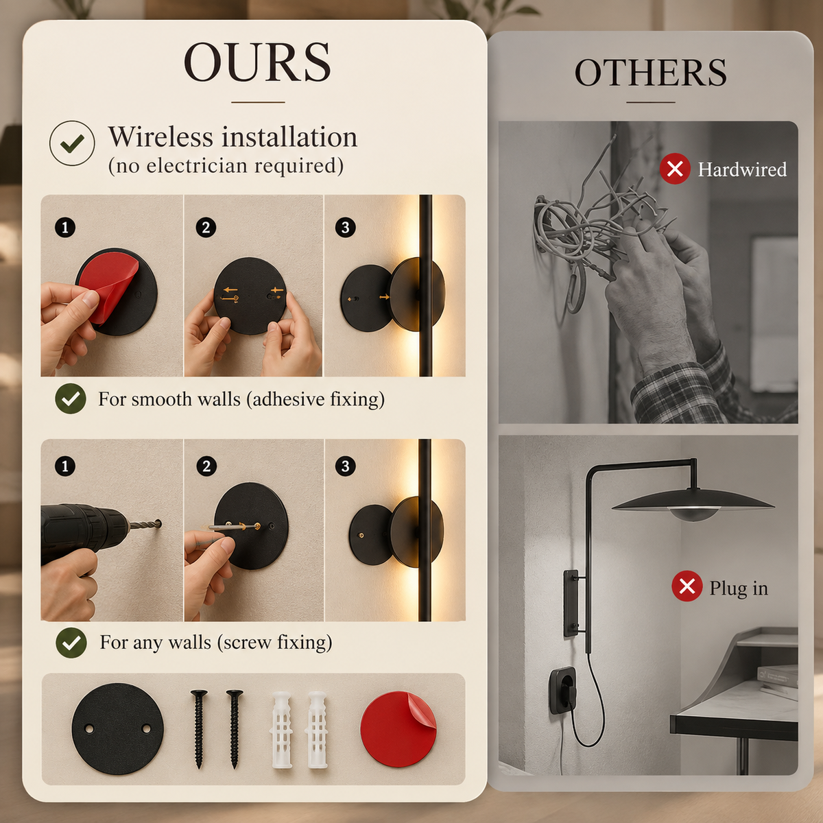 Cordless wall light installation compared with a wired fixture